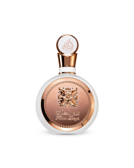 Lattafa fakhar rose Perfume bottle with rose gold and white design on a white background