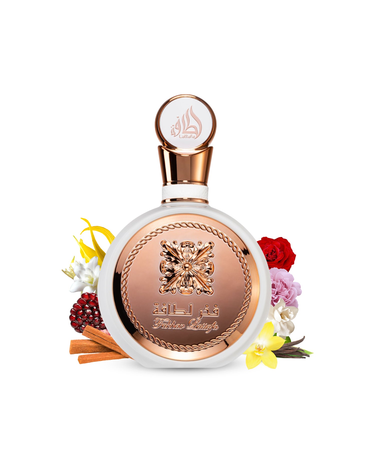 fakhar rose edp by lattafa perfume bottle surrounded with its ingredients like vanilla and rose with many others shows from behind the bottle against white background