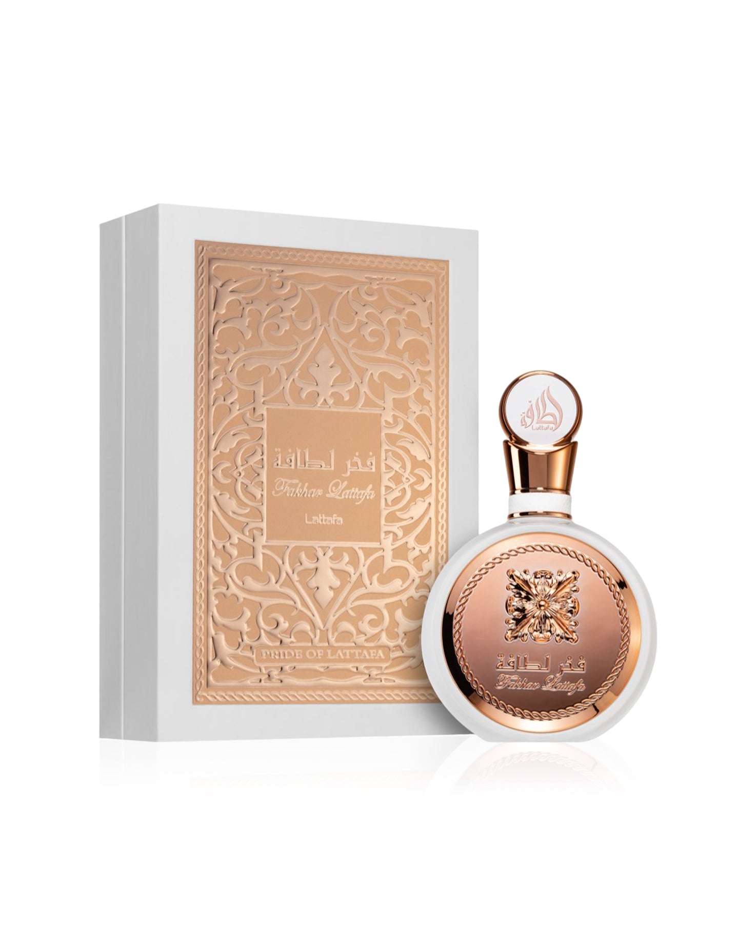 fakhar rose edp by lattafa perfume bottle beside its box shows against white background