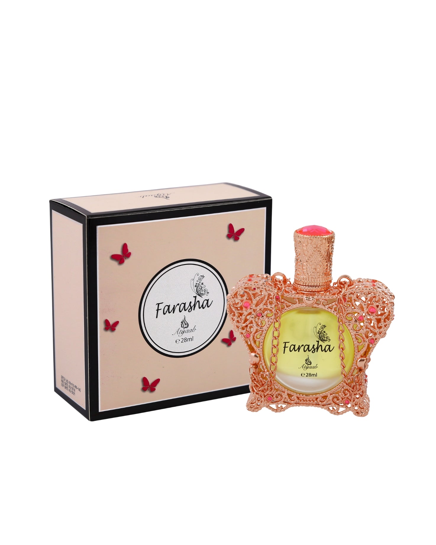 farasha perfume oil bottle by khadlaj perfume shows beside its box against white background