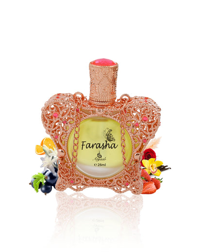 farasha perfume oil bottle by khadlaj perfume surrounded with its ingredients like fressia and vanilla with many others shows from behind the bottle against white background