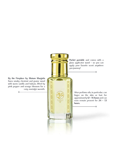 firewod perfume oil bottle beside written fragrance informations against white background
