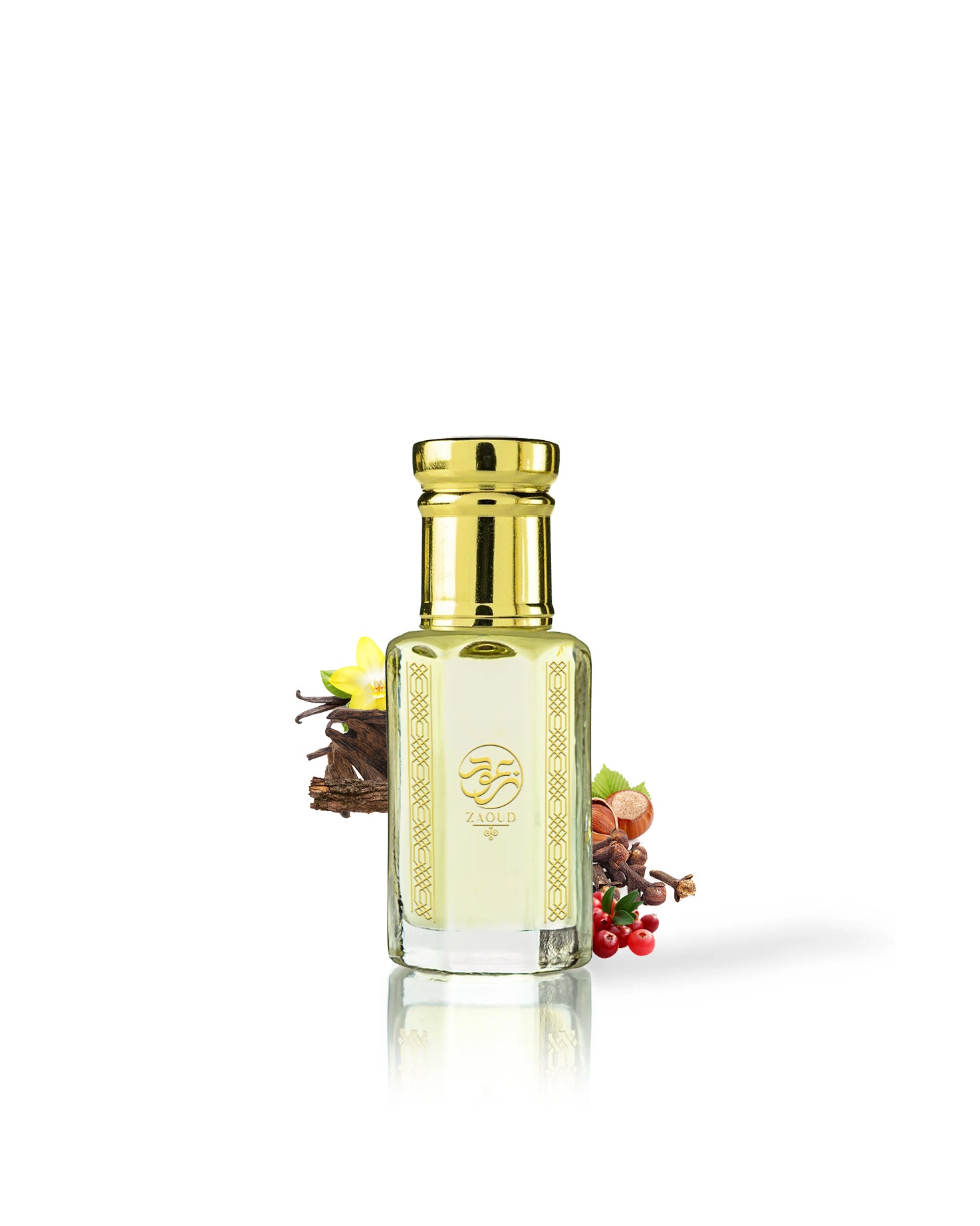 firewod perfume oil bottle surrounded by fragrance notes like spices and oud shows against white background