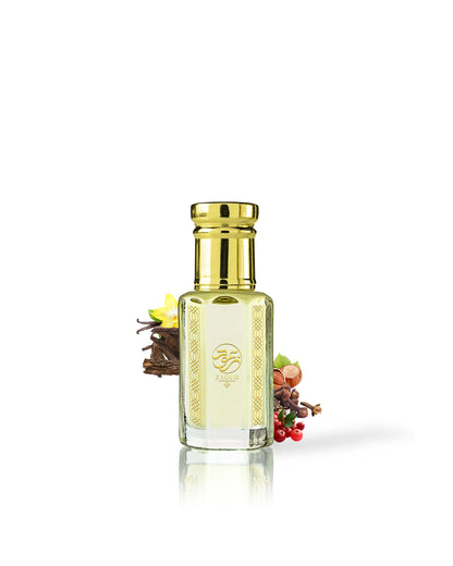 firewod perfume oil bottle surrounded by fragrance notes like spices and oud shows against white background