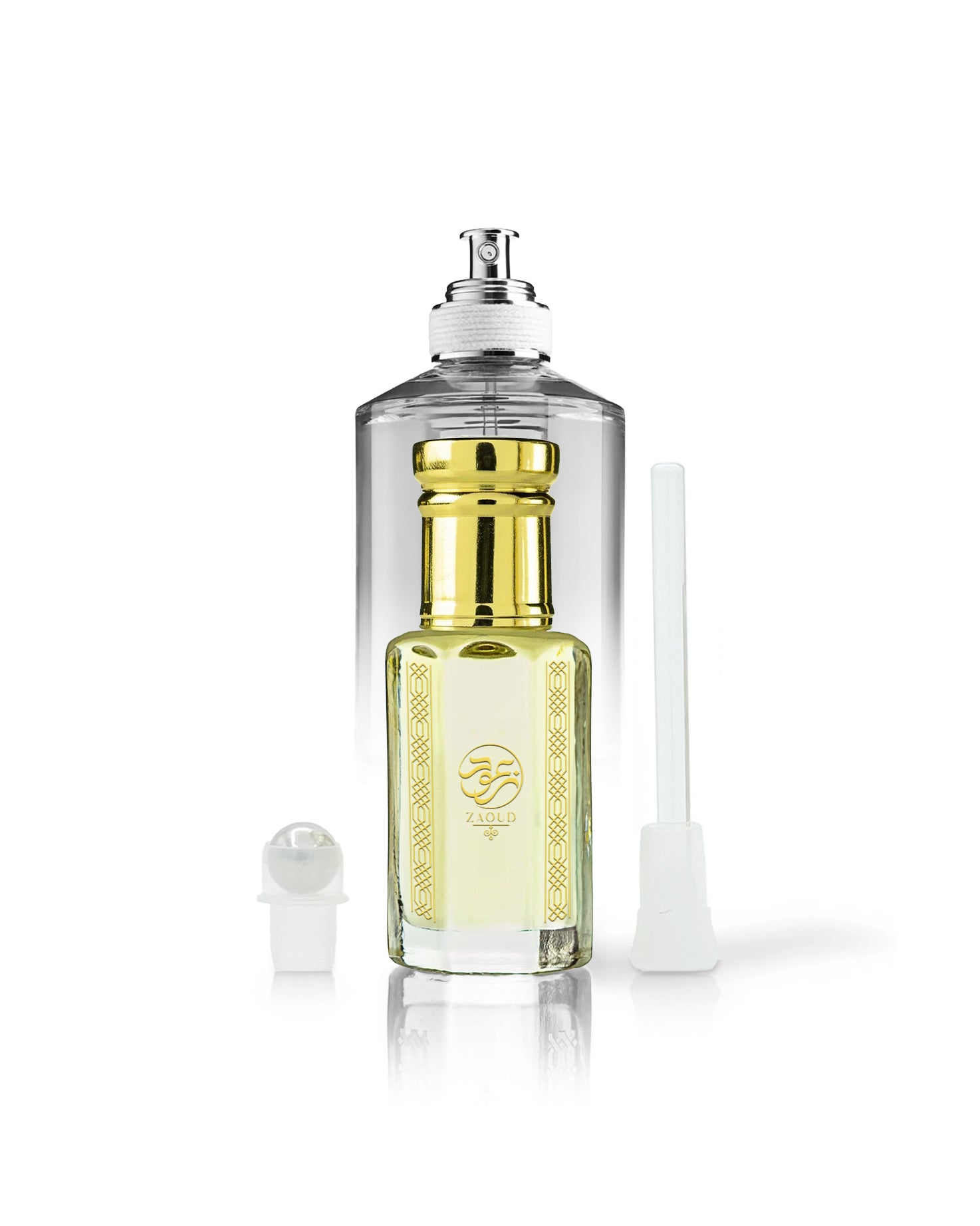 firewood perfume oil bottle beside roller and stick with by the fireplace perfume bottle behind shows against white background