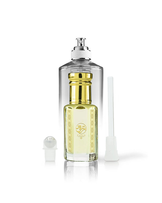 firewood perfume oil bottle beside roller and stick with by the fireplace perfume bottle behind shows against white background