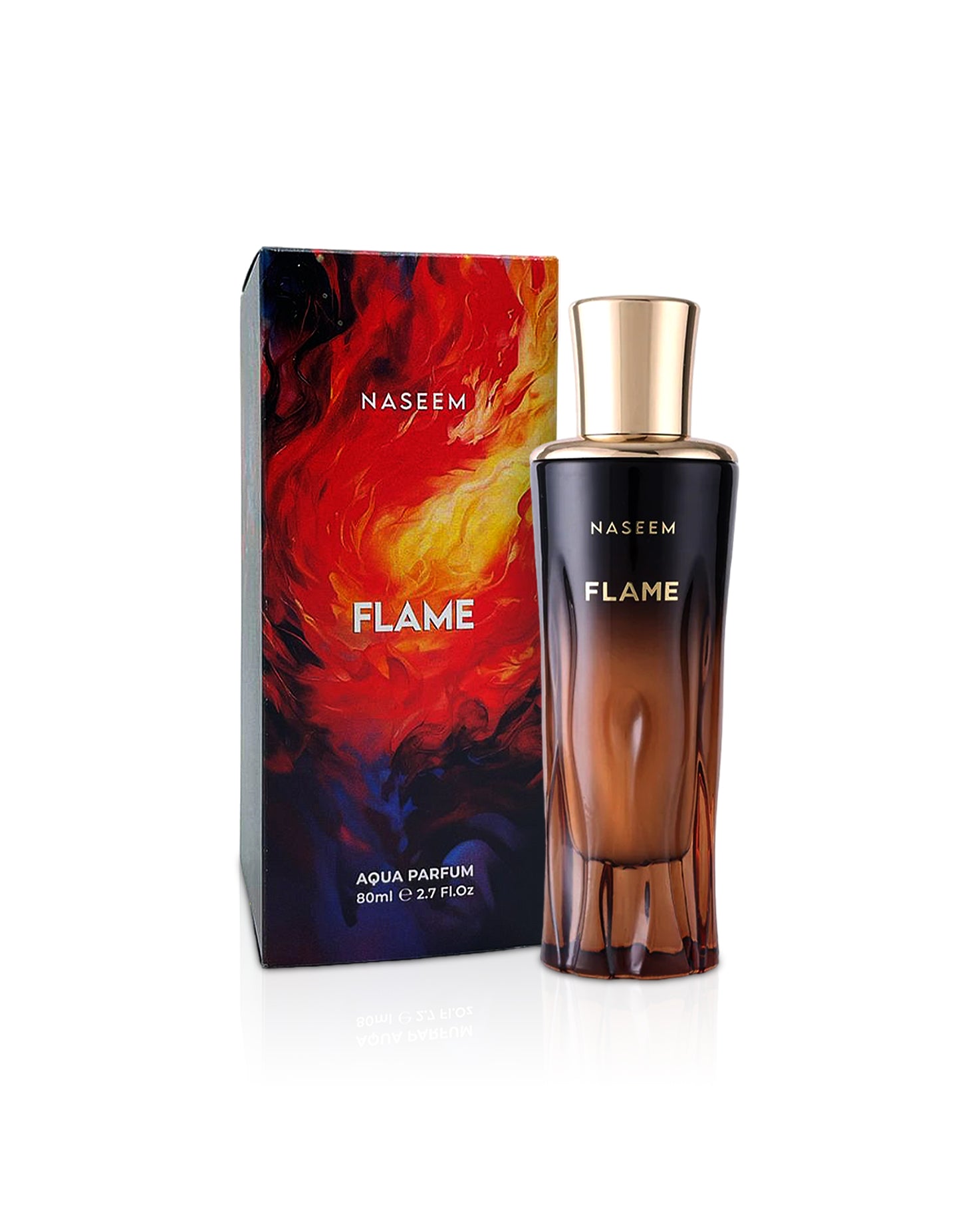 flame aqua parfum by naseem perfumes bottle shows beside its box against white background