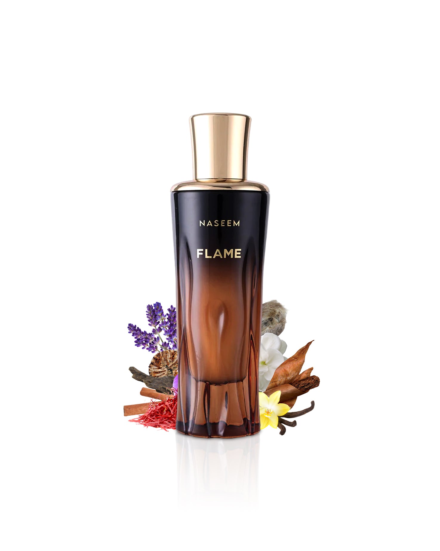 flame aqua parfum by naseem perfumes bottle surrounded with its ingredients like saffron and vanilla with many others shows from behind the bottle against white background