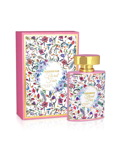 al haramain floral fair extrait de parfum bottle shows beside its box  against wite background