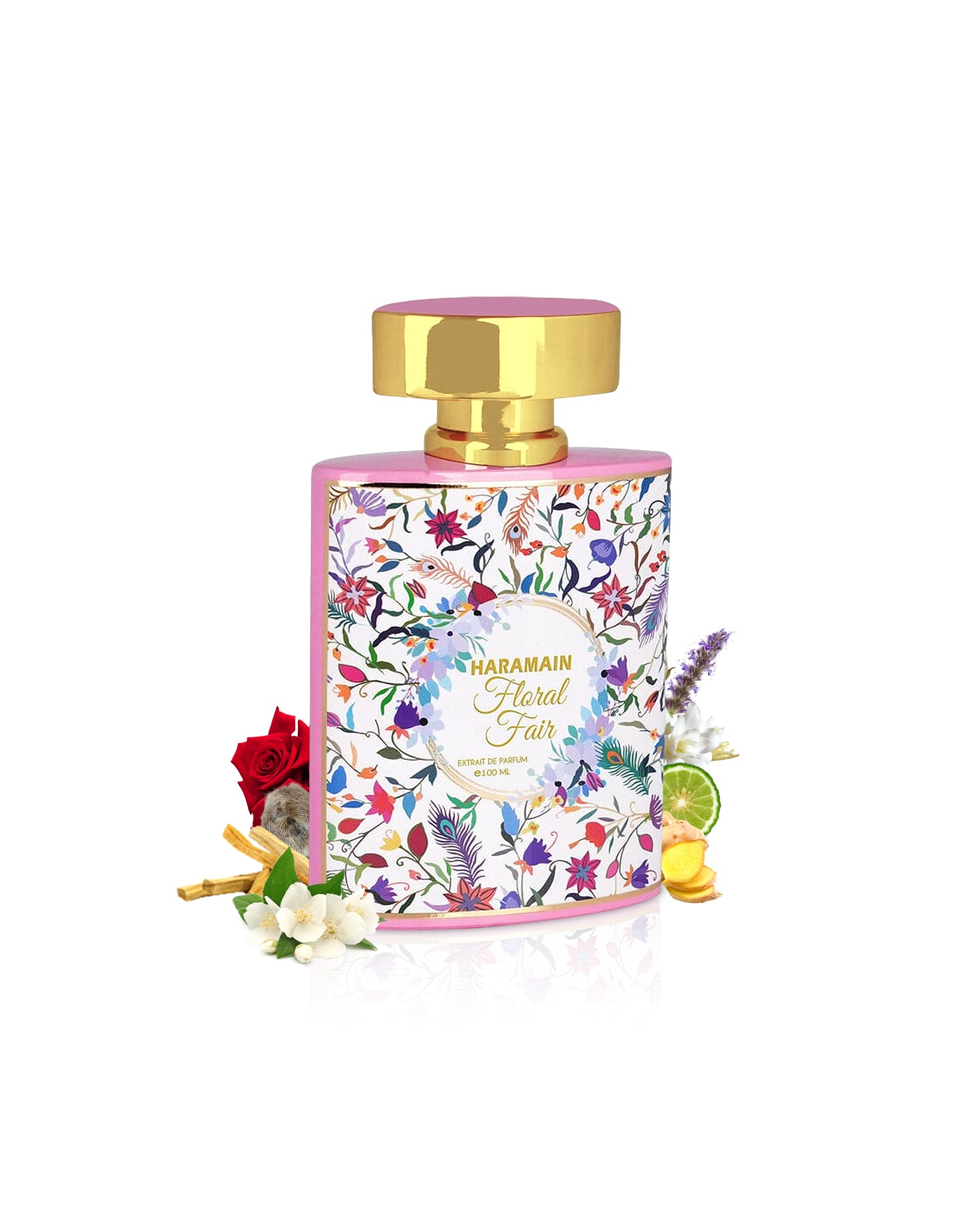 al haramain floral fair extrait de parfum bottle surrounded with its ingredients like ginger and jasmine with many others shows from behind the bottle against wite background