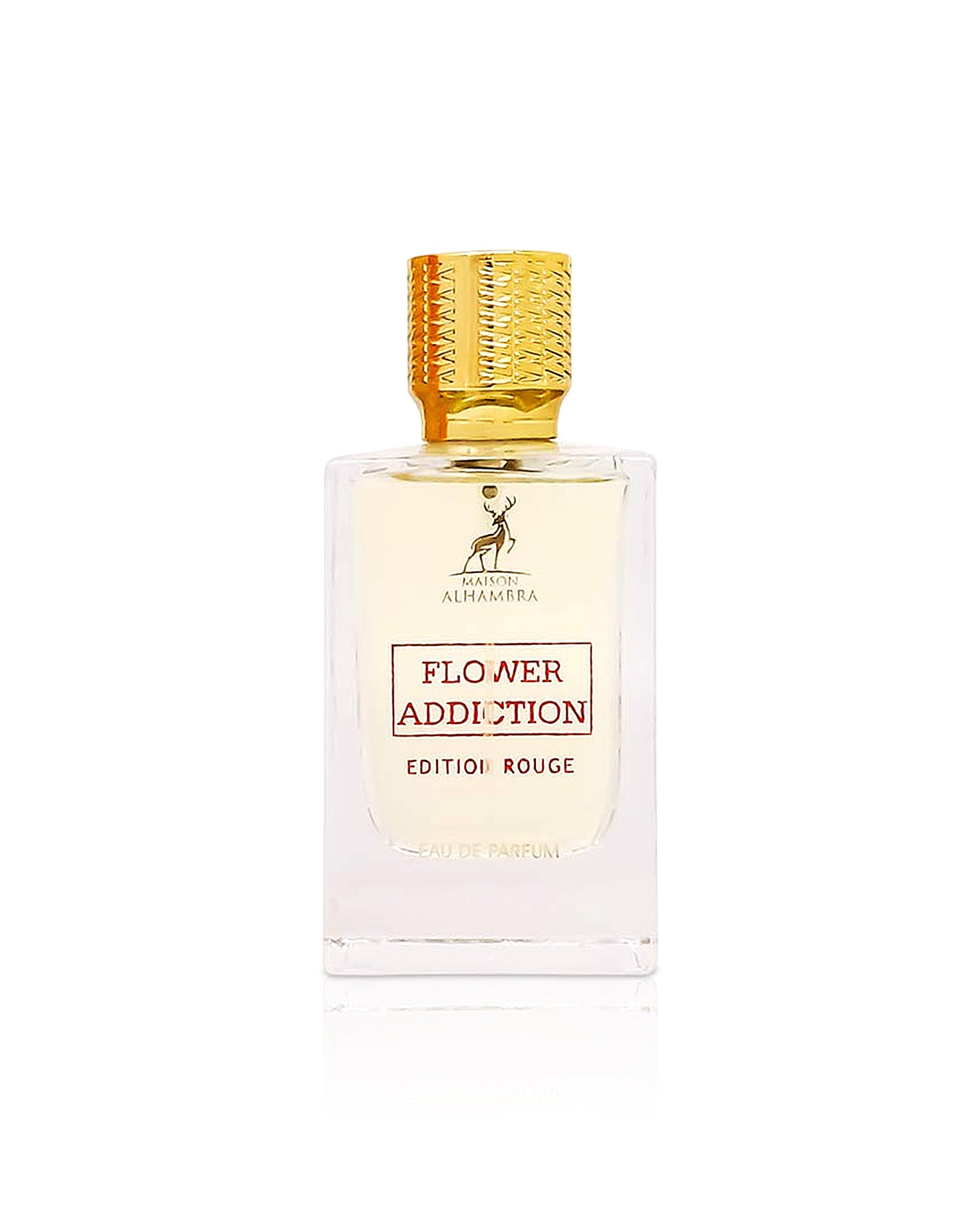 FLOWER ADDICTION EDITION ROUGE  by maison alhambra perfume bottle shows against white background