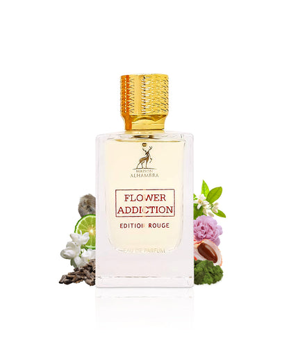 FLOWER ADDICTION EDITION ROUGE  by maison alhambra perfume bottle surrounded with its ingredients like litchi and peony with many others shows from behind the bottle against white background