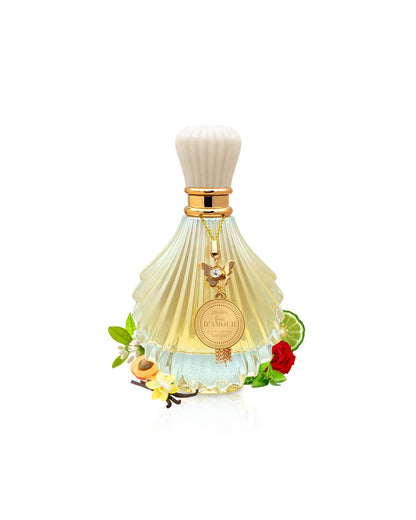 fou d'amour perfume bottle surrounded with fragrance notes like vanilla and rose shows against white background