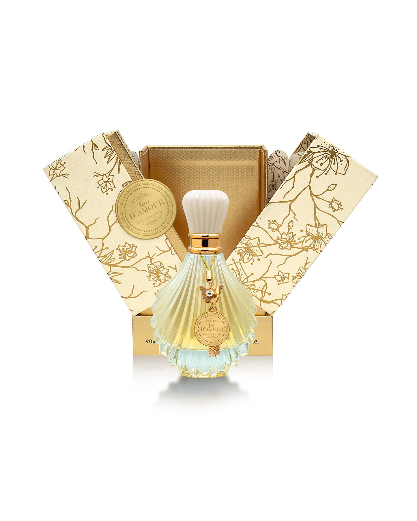 fou d'amour perfume bottle shows beside its box against white background