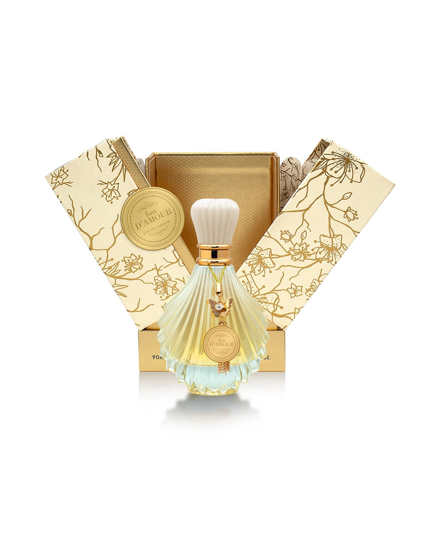 fou d'amour perfume bottle shows beside its box against white background