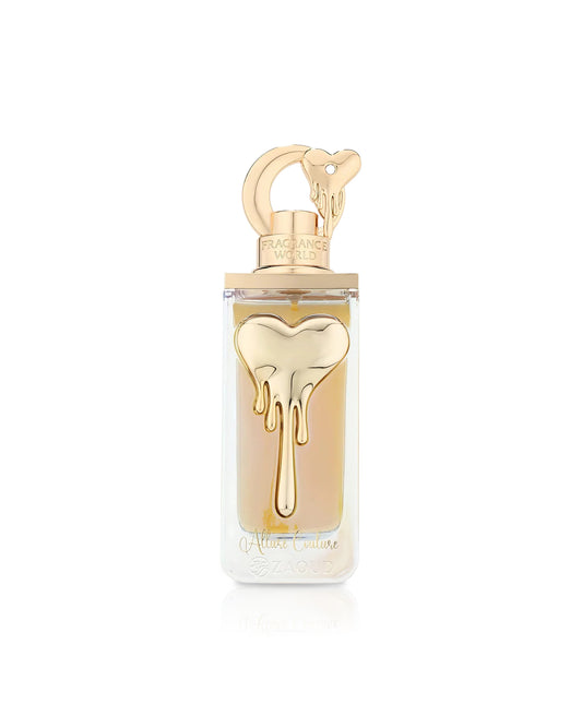 Fragrance world allure couture Gold perfume bottle with a heart design on a white background