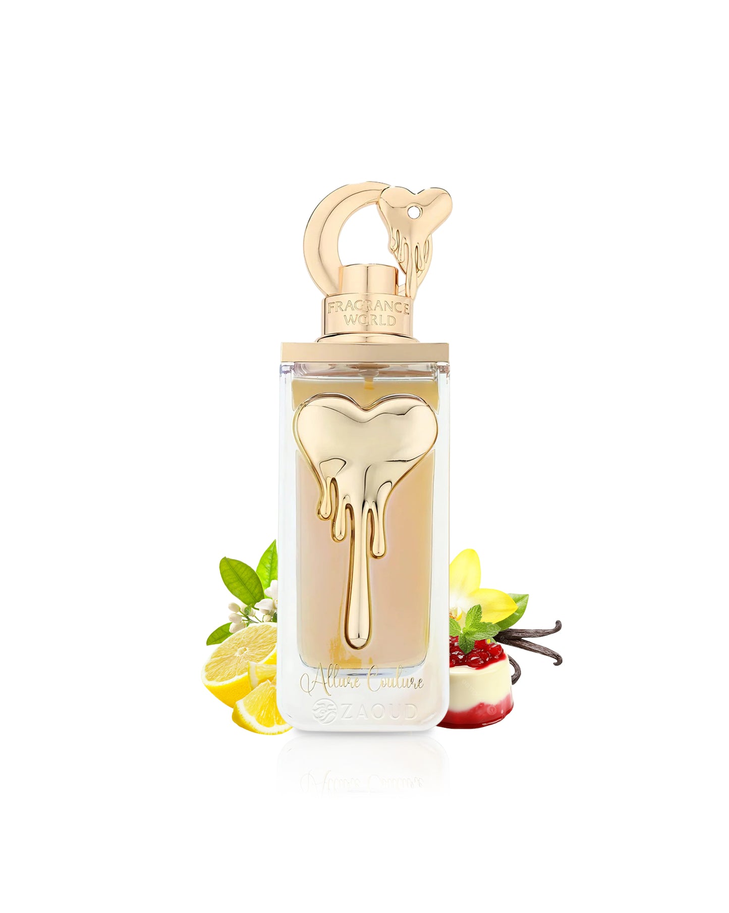 Fragrance world allure couture Perfume bottle with gold cap and heart design surrounded by fragrance notes like pannacotta and lemon on a white background