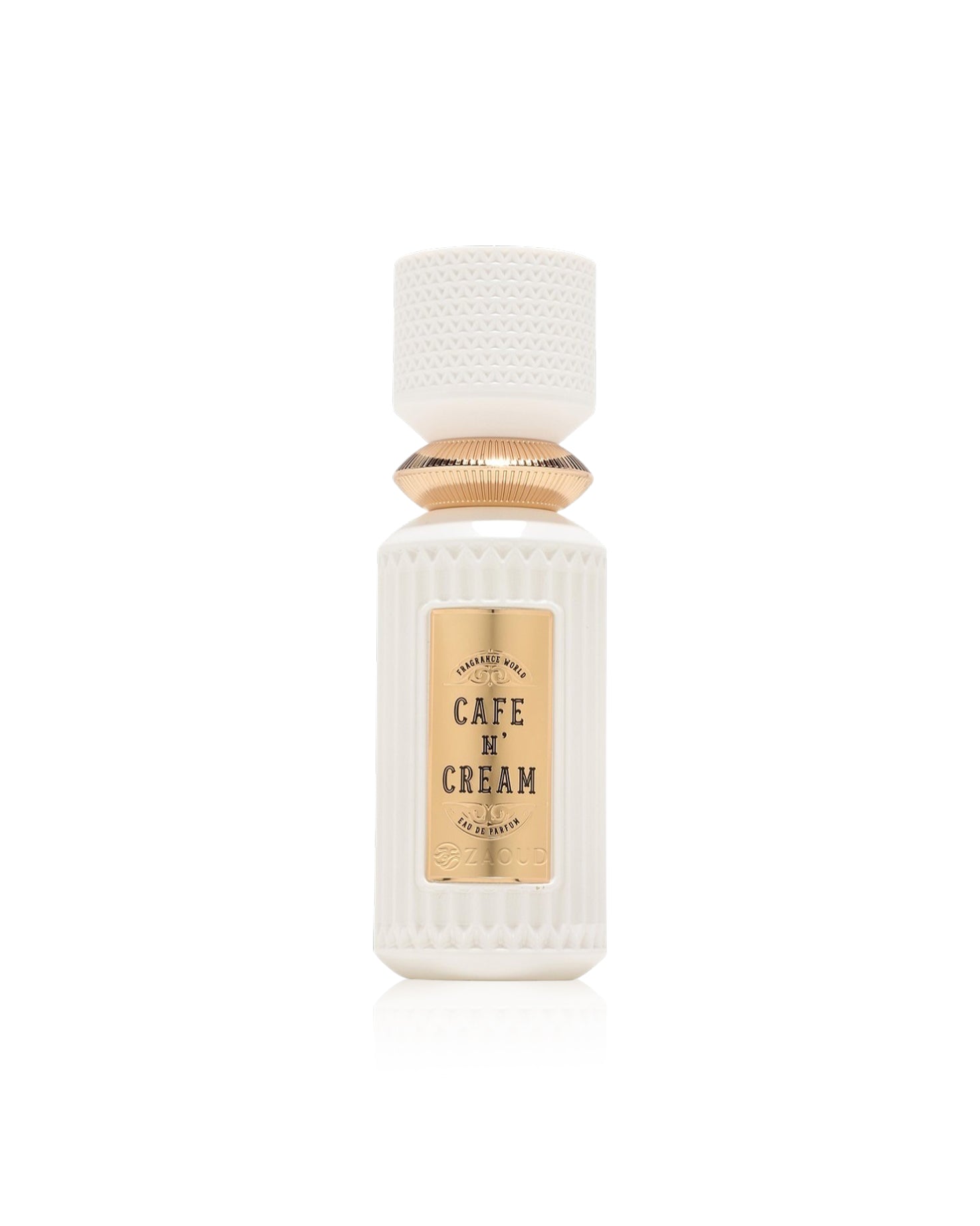 fragrance world cafe n' cream Perfume bottle labeled 'Cafe N' Cream' with textured white design on a white background