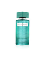 fragrance world Teal perfume bottle with 'Eau de Neige' label on a white background
