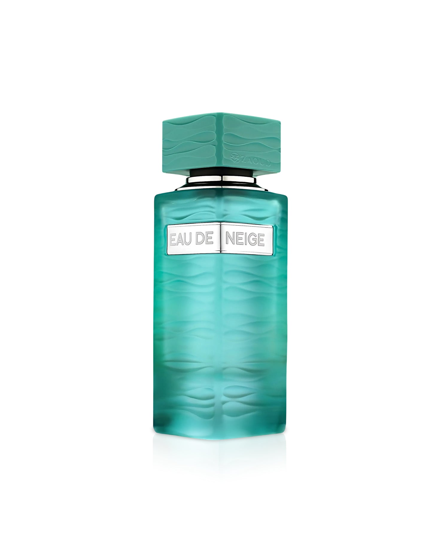 fragrance world Teal perfume bottle with 'Eau de Neige' label on a white background