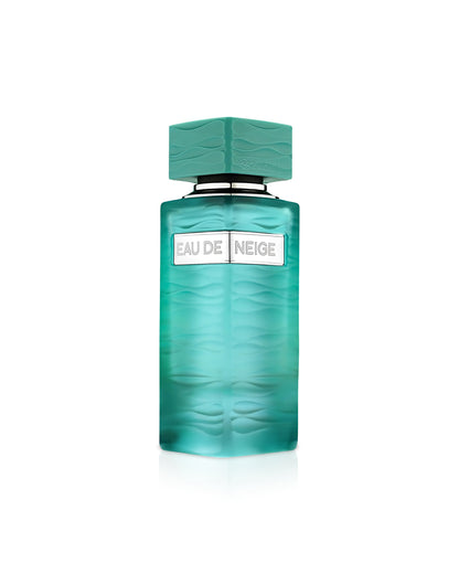 fragrance world Teal perfume bottle with 'Eau de Neige' label on a white background