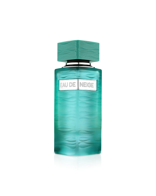 fragrance world Teal perfume bottle with 'Eau de Neige' label on a white background