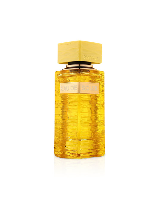 fragrance world eau de soleil Yellow perfume bottle with a gold cap on a white background