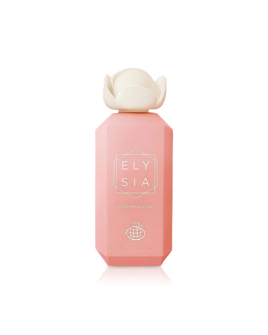 fragrance world Pink bottle with white cap labeled 'Elysia' on a white background