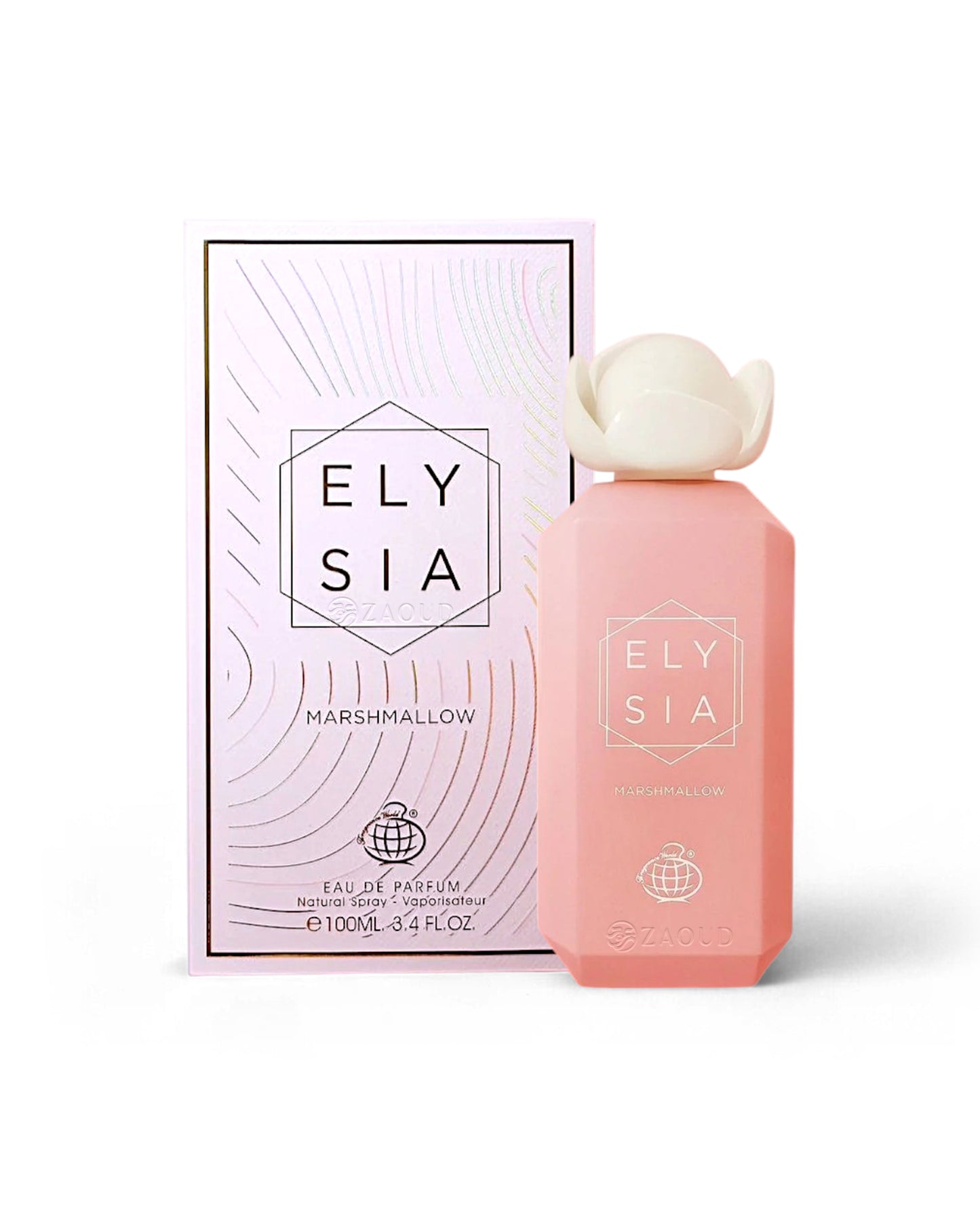 fragrance world Elysia perfume bottle and packaging on a white background