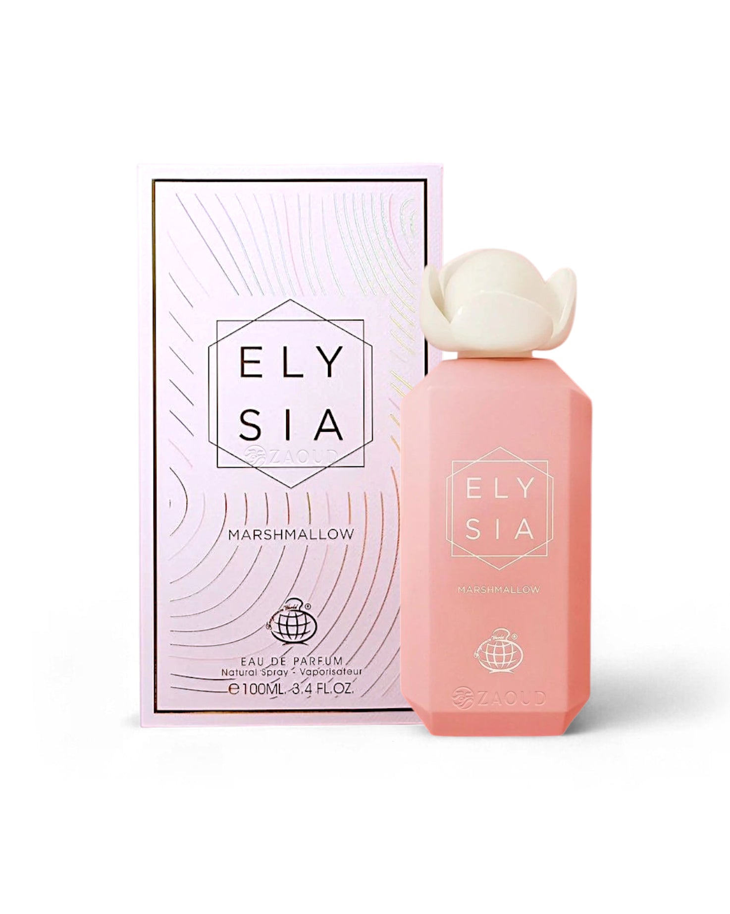 fragrance world Elysia perfume bottle and packaging on a white background