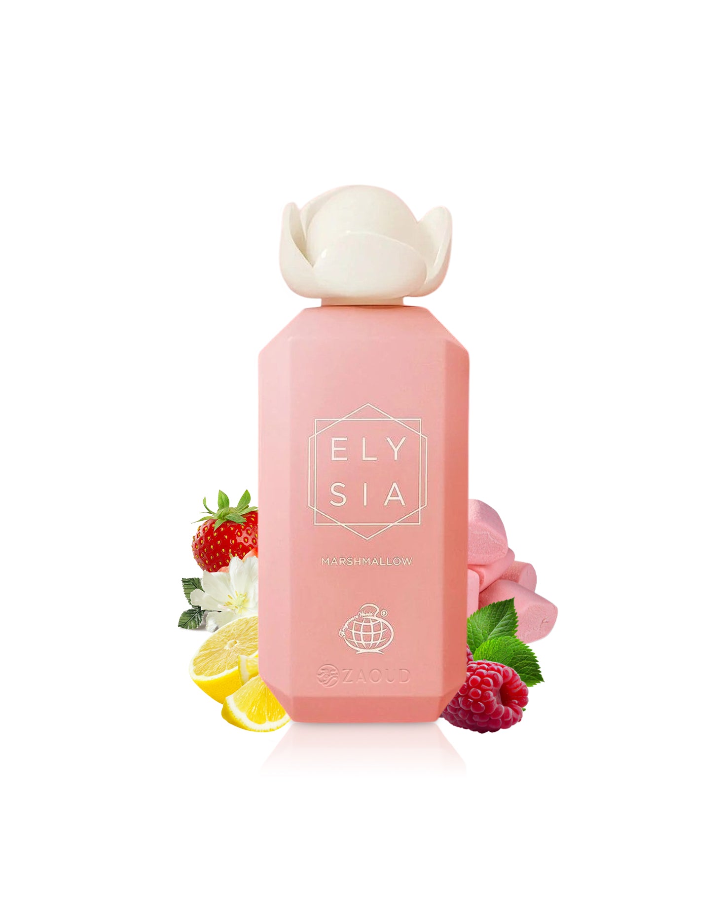 fragrance world Pink bottle with floral design and 'Elysia' branding surrounded by strawberry and marshmallow on a white background