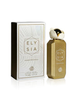 fragrance world elysia sugar patchouli perfume bottle shows beside its box against white background