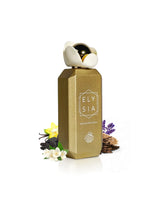 fragrance world elysia sugar patchouli perfume bottle surrounded by fragrance notes like oud and vanilla  shows against white background