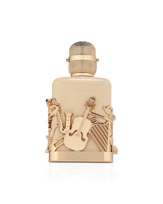fragrance world notes jazz Gold perfume bottle with decorative elements on a white background