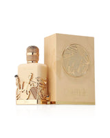 fragrance world notes jazz Gold perfume bottle and packaging on a white background