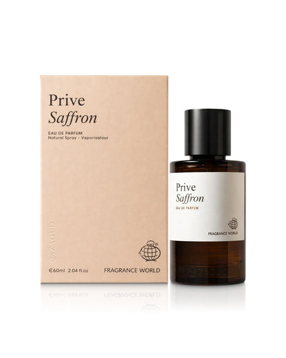 fragrance world prive saffron perfume bottle shows beside its packaging against white background