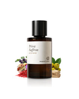 fragrance world prive saffron perfume bottle surrounded by saffron shows against white background