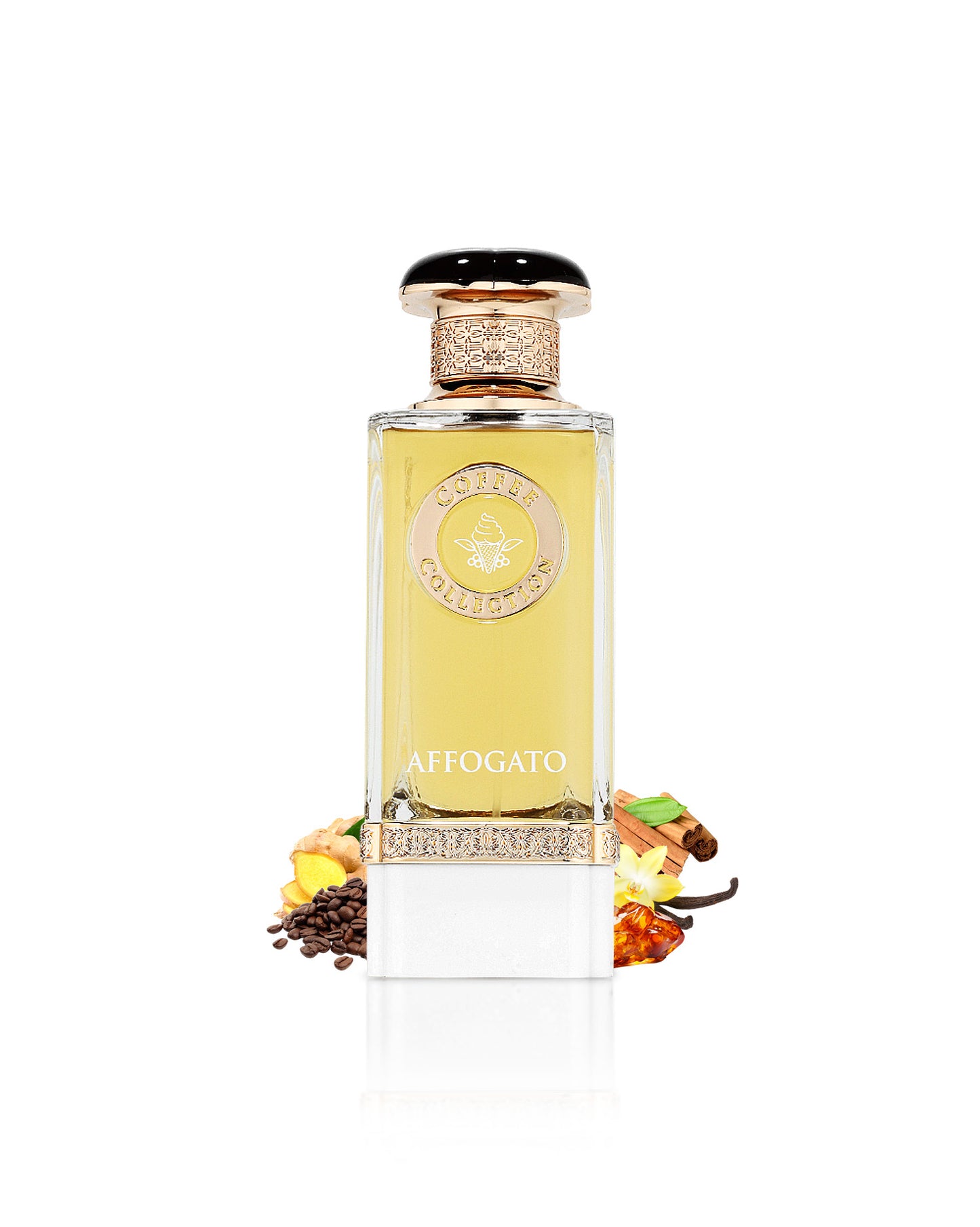 fragrance world affogato perfume bottle surrounded with fragrance notes like coffee and amber shows against white background