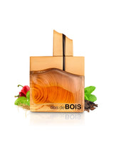 fragrance world bois de bois perfume bottle surrounded by fragrance notes like basil and mint against white background