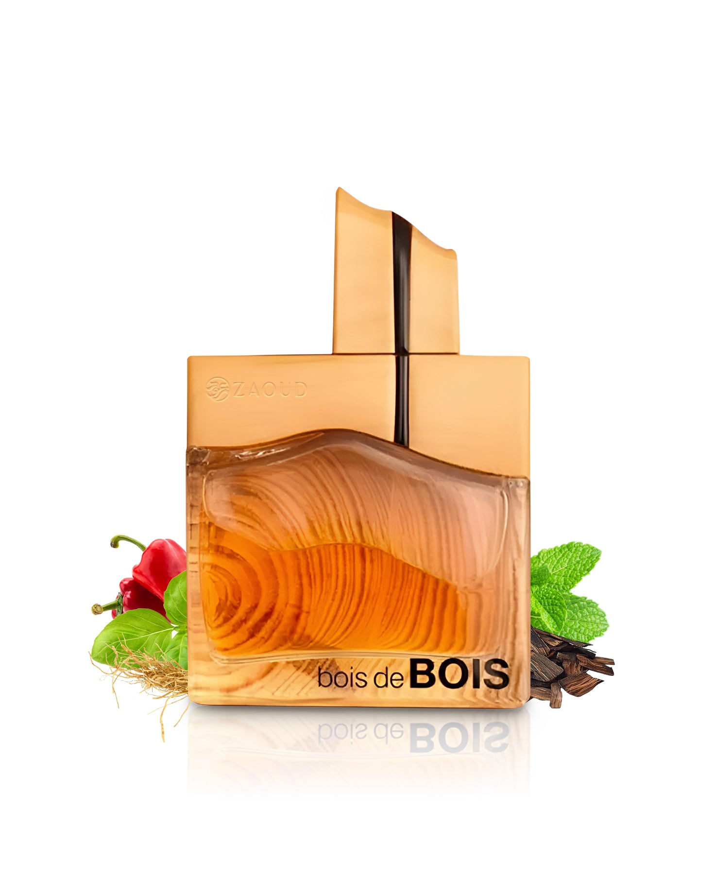 fragrance world bois de bois perfume bottle surrounded by fragrance notes like basil and mint against white background