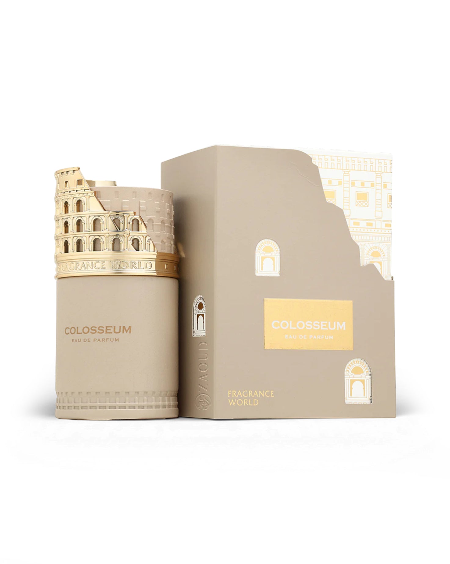 fragrance world colosseum perfume bottle shows beside its packaging against white background