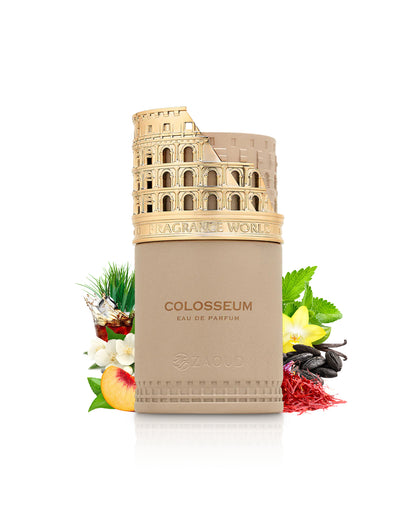 fragrance world colosseum perfume bottle surrounded by fragrance notes like saffron and peach shows against white background