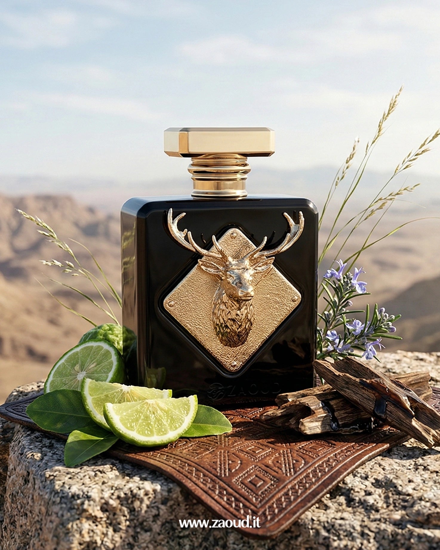 Imperial Eau de Parfum luxury perfume bottle with bergamot, oud, and leather notes in natural outdoor perfume photography