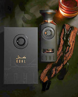 fragrance world Kohl perfume bottle with packaging and wooden elements on a dark background