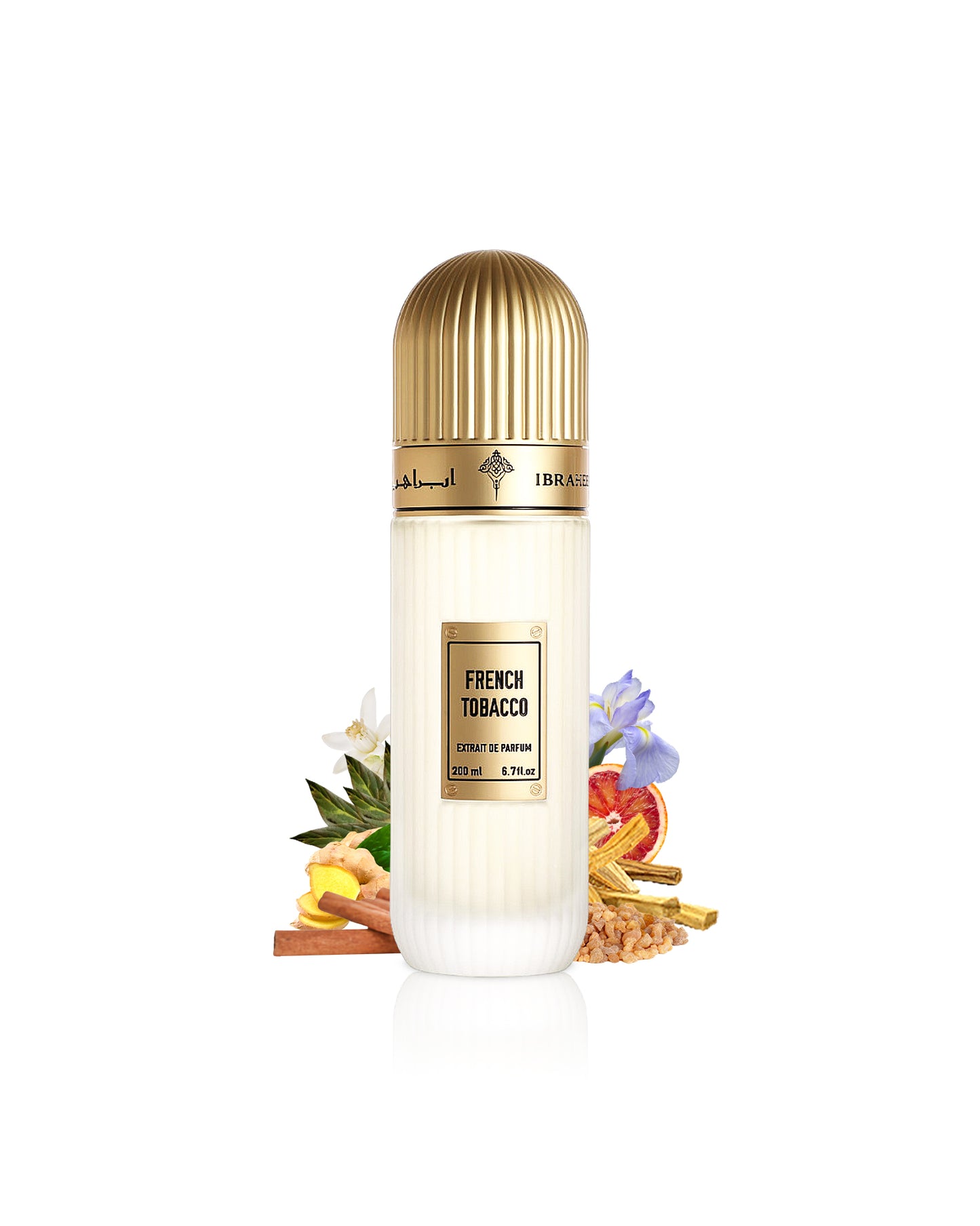 Ibrahim Al Qurashi French Tobacco extrait de parfum bottle surrounded with fragrance notes like ginger and orange shows from behind the bottle against white background