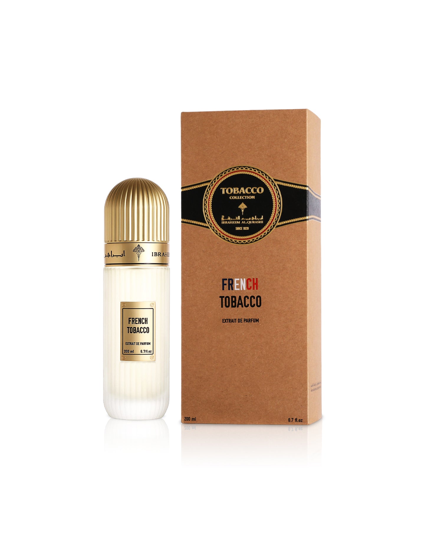 Ibrahim Al Qurashi French Tobacco extrait de parfum bottle shows beside its box against white background