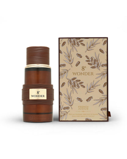 french avenue 8th wonder perfume bottle shows beside its packaging against white background