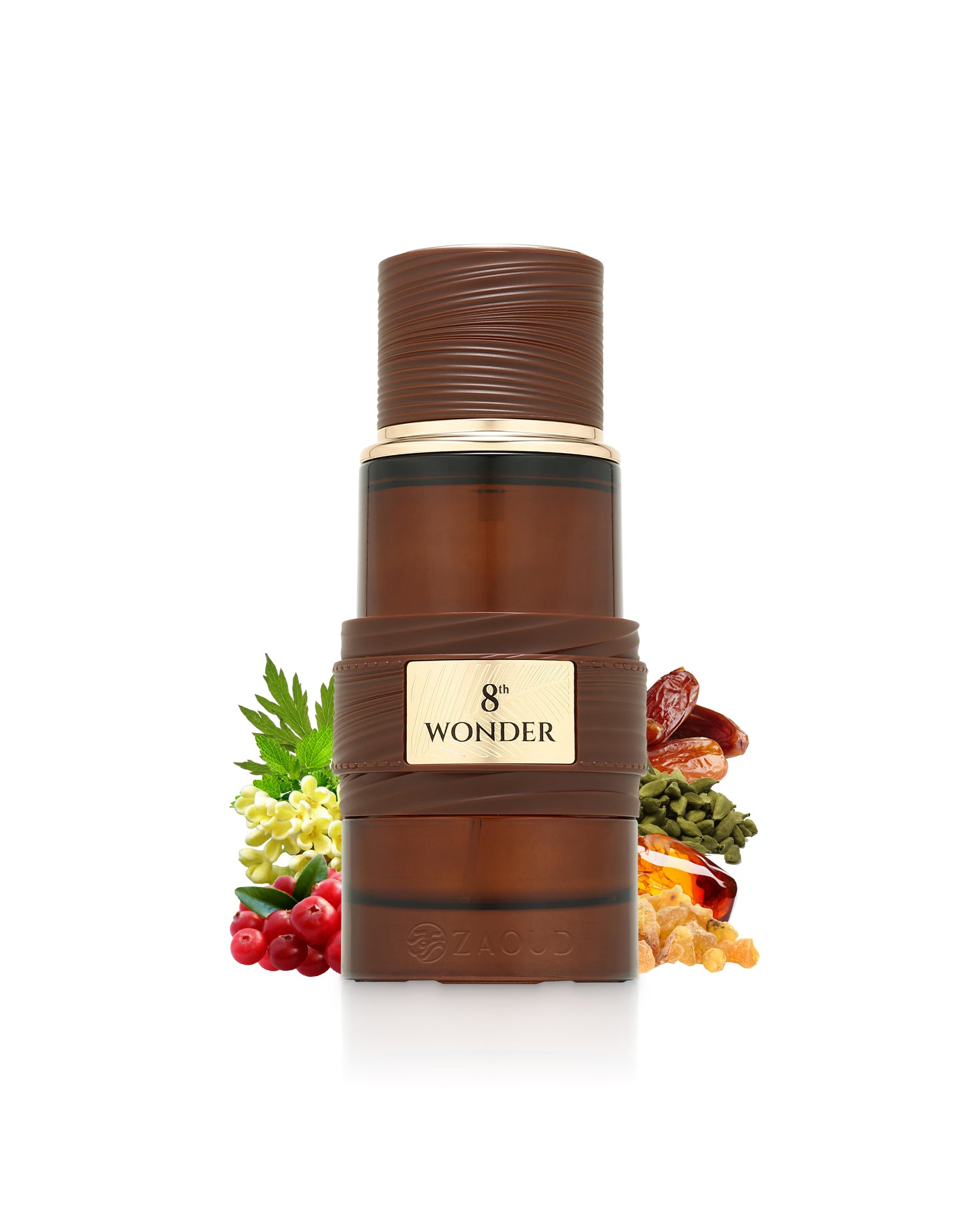 french avenue 8th wonder perfume bottle surrounded by fragrance notes like dates and spices shows against white background