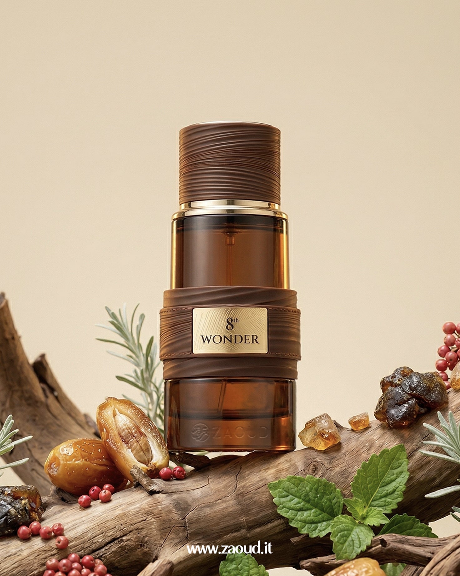 8th Wonder Perfume bottle by french avenue perfume bottle with gold accents on a natural background