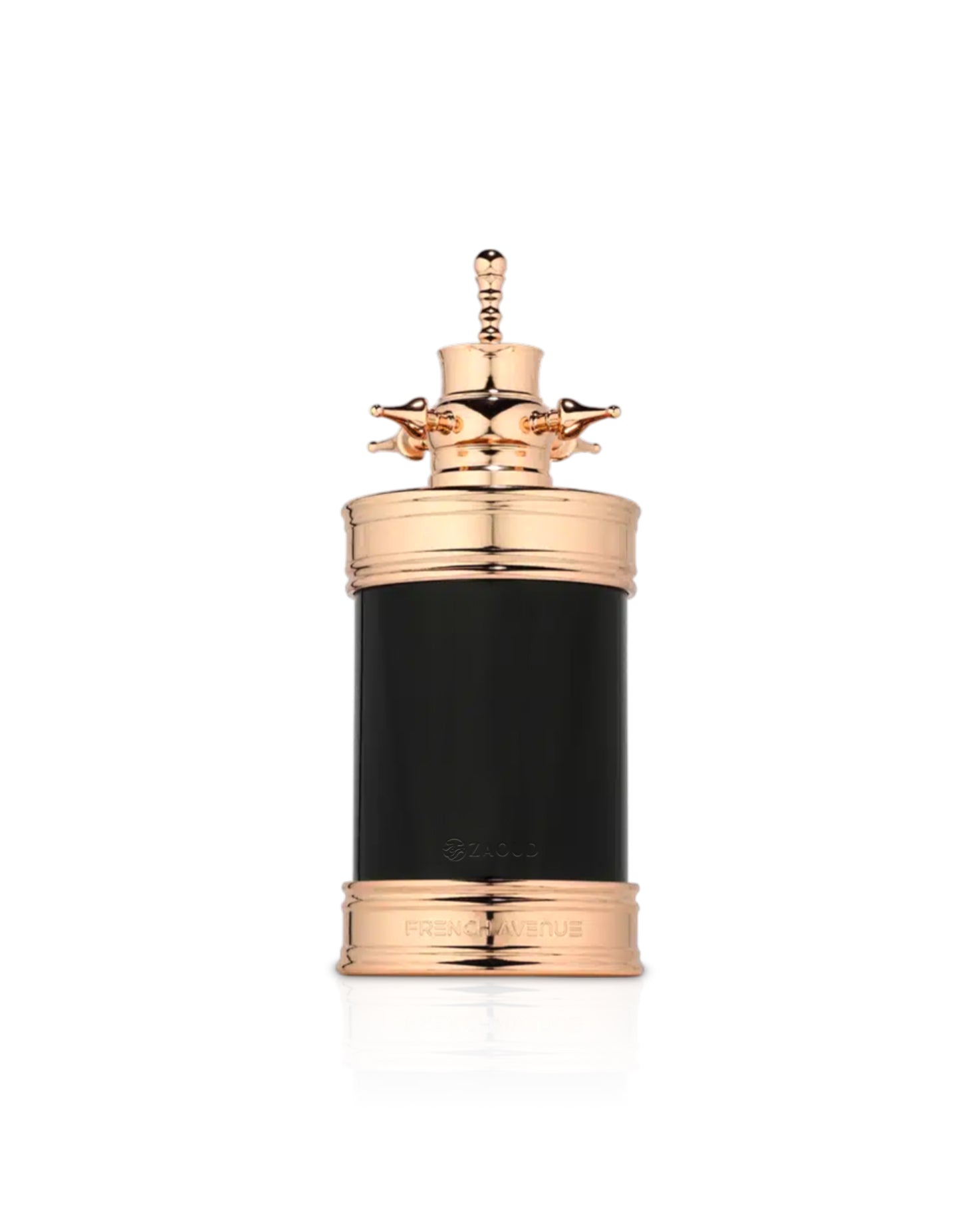 french avenue axis Black and gold cylindrical container with decorative top on a white background